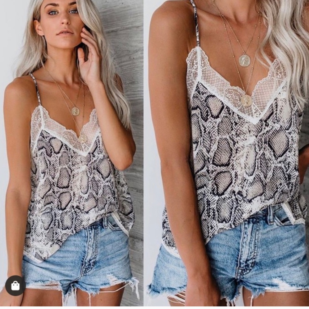 Snakeskin Cami tank with lace in taupe